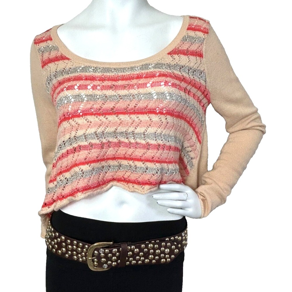 Free People Chevron Striped Wool Blend Crop Sweater Pointelle Large Boho Knit